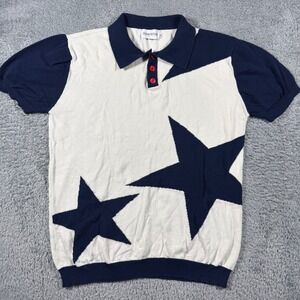 OXKNITSTORE Knit Polo Mens XL Cream Navy Blue Star Graphic Short Sleeve Sweater